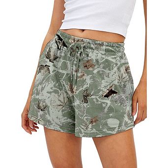 Women’s Camo Sweat Shorts Elastic Waist Drawstring Casual Lounge Athletic Maple Leaf Print Shorts