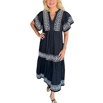 Women's Summer Printed Floral Dress Casual Notch Neck Midi Long Mexican Tunic Dress