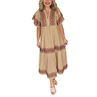 Women's Summer Printed Floral Dress Casual Notch Neck Midi Long Mexican Tunic Dress