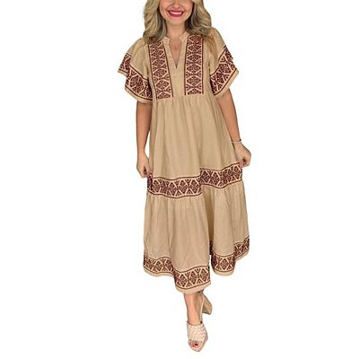 mexican casual dress Mexican Dress Bella Natural Beige Muslin Cotton | Floral Embroidery
