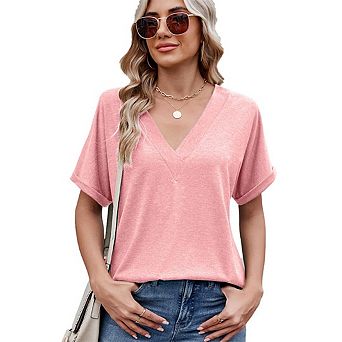 Women's V Neck Oversized T-Shirts Rolled Short Sleeve Casual Tops Loose Fit Tunic Tees Shirts