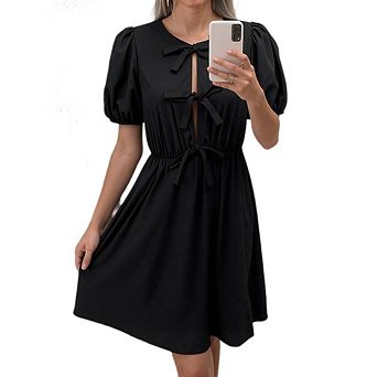 Women's Summer Tie Front Mini Dress Puff Sleeve Elastic Waist A Line Babydoll Dress