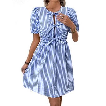 Women's Summer Tie Front Mini Dress Puff Sleeve Elastic Waist A Line Babydoll Dress