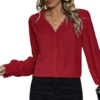 Women's Lace Long Sleeve Tops Button Down Shirts Dressy Casual Blouses Fashion Clothes