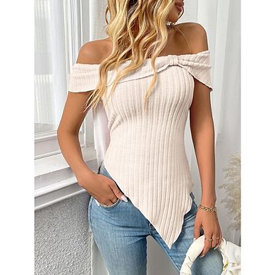 Women’s Cold Shoulder Ribbed Tops Asymmetrical Hem Slim Fit Casual Solid Color Tunic Blouses