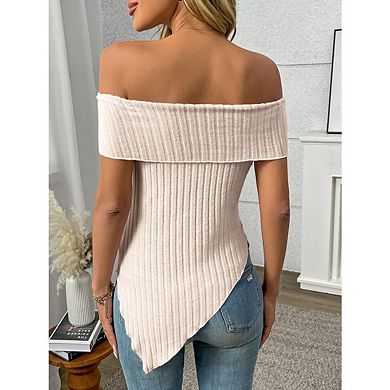 Women’s Cold Shoulder Ribbed Tops Asymmetrical Hem Slim Fit Casual Solid Color Tunic Blouses