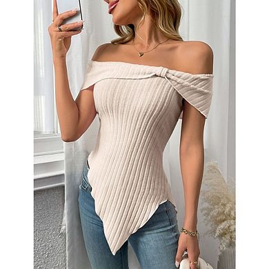 Women’s Cold Shoulder Ribbed Tops Asymmetrical Hem Slim Fit Casual Solid Color Tunic Blouses
