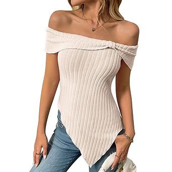 Women’s Cold Shoulder Ribbed Tops Asymmetrical Hem Slim Fit Casual Solid Color Tunic Blouses