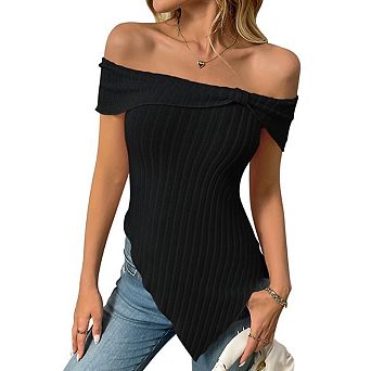 Women’s Cold Shoulder Ribbed Tops Asymmetrical Hem Slim Fit Casual Solid Color Tunic Blouses