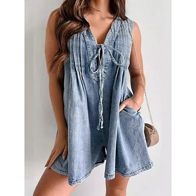 Women's Sleeveless V Neck Shorts Denim Romper Tie Front Ruffle Cute Loose Jean Short Overalls