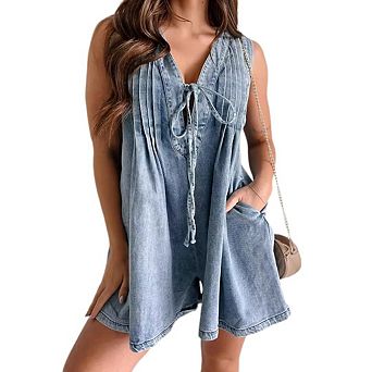 Women's Sleeveless V Neck Shorts Denim Romper Tie Front Ruffle Cute Loose Jean Short Overalls