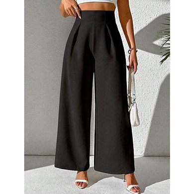 Women's Wide Leg Pull On Office Slacks Dress Solid Color Work Casual Trousers