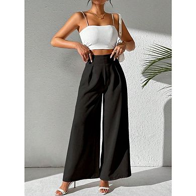 Women's Wide Leg Pull On Office Slacks Dress Solid Color Work Casual Trousers