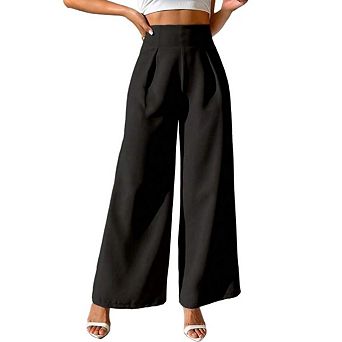 Women's Wide Leg Pull On Office Slacks Dress Solid Color Work Casual Trousers