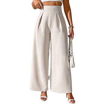 Women's Wide Leg Pull On Office Slacks Dress Solid Color Work Casual Trousers