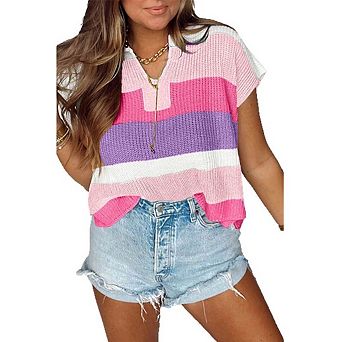 Women’s Short Sleeve Color Block V-Neck Knit T Shirt Loose Comfy Knitwear Sweater Blouse Top