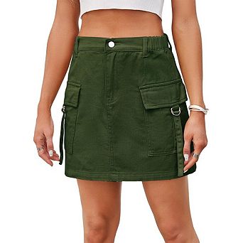 Women's Casual High Waisted Solid Button Up Denim Jean Skirt Mini Cargo Skirt