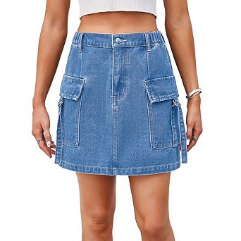 Women's Casual High Waisted Solid Button Up Denim Jean Skirt Mini Cargo Skirt
