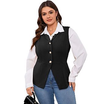Women’s Plus Size V Neck Sleeveless Button Down Business Casual Vest Waistcoat Blazer Dressy Top