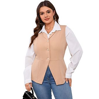 Women’s Plus Size V Neck Sleeveless Button Down Business Casual Vest Waistcoat Blazer Dressy Top