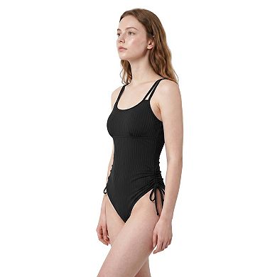 Charmo Women Ribbed Double Strap Side Drawstring One Piece Swimsuit