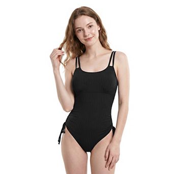 Charmo Women Ribbed Double Strap Side Drawstring One Piece Swimsuit