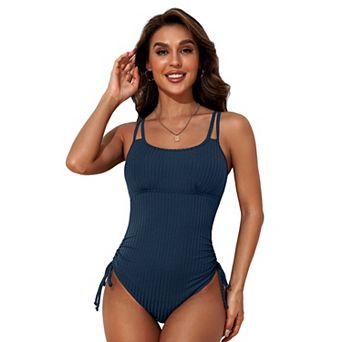 Charmo Women Ribbed Double Strap Side Drawstring One Piece Swimsuit