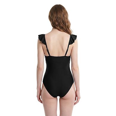 Charmo Women Ruffle V Neck Adjustable Strap Ruched One Piece Swimsuit