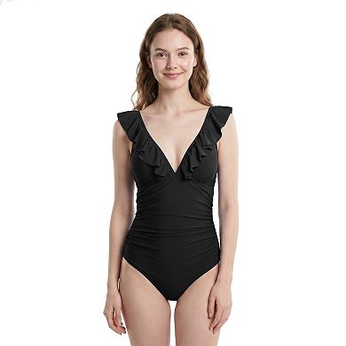 Charmo Women Ruffle V Neck Adjustable Strap Ruched One Piece Swimsuit