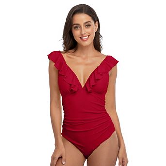 Charmo Women Ruffle V Neck Adjustable Strap Ruched One Piece Swimsuit