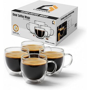 CASAFOYER Double Walled Coffee Cups With Handle (Set of 4- 9 Oz), Heat Resistant Borosilicate Glass