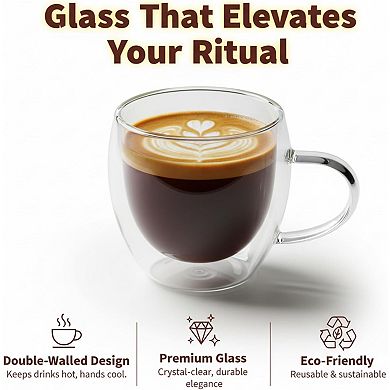 CASAFOYER Double Walled Coffee Cups With Handle (Set of 4- 9 Oz), Heat Resistant Borosilicate Glass
