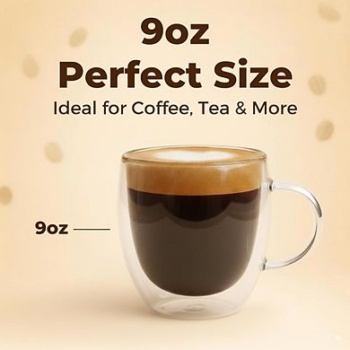 CASAFOYER Double Walled Coffee Cups With Handle (Set of 4- 9 Oz), Heat Resistant Borosilicate Glass