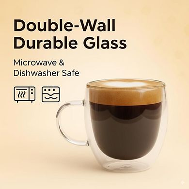 CASAFOYER Double Walled Coffee Cups With Handle (Set of 4- 9 Oz), Heat Resistant Borosilicate Glass