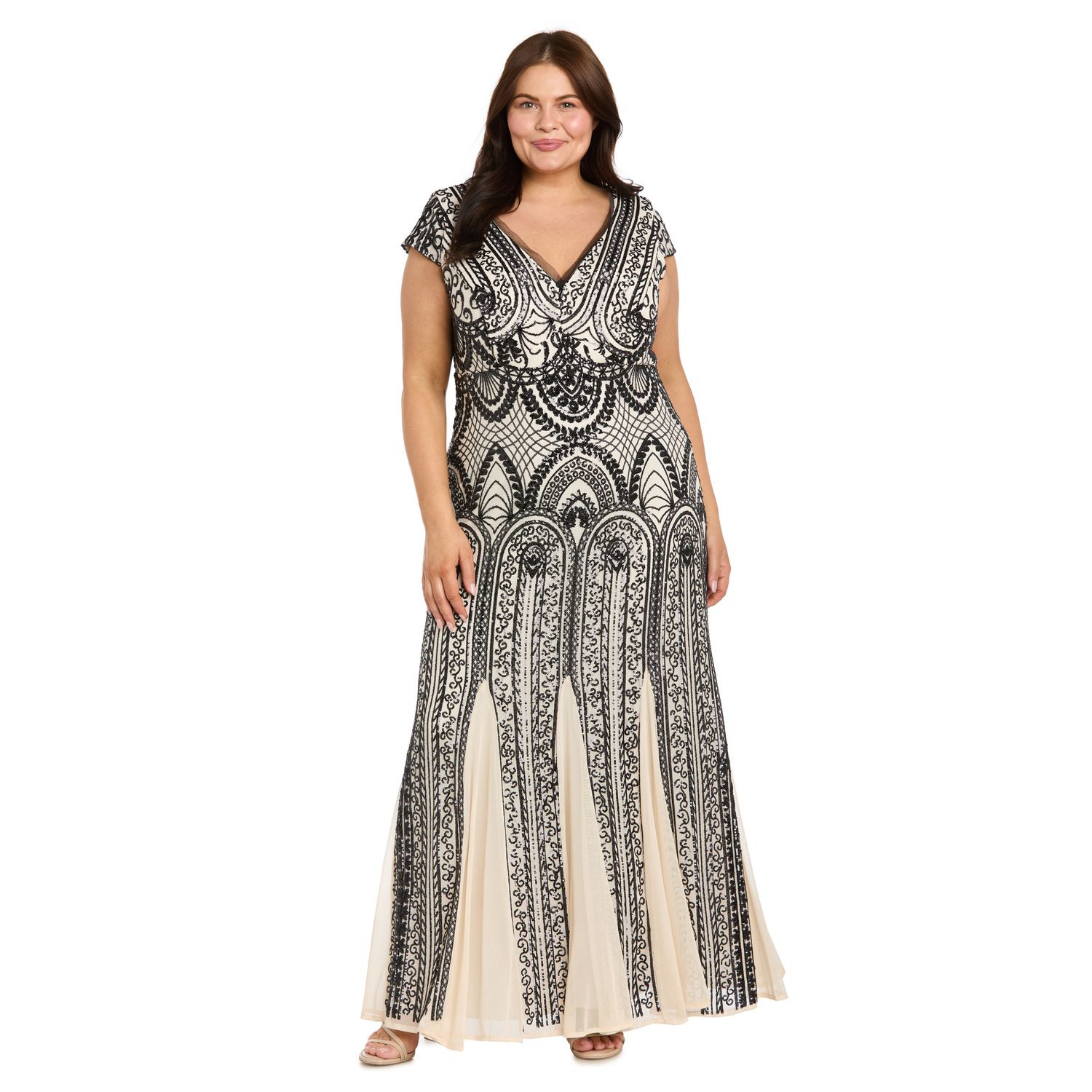 Женские платья R&M Richards Plus Size R&M Richards Two-Tone Sequin V-Neck Godet Gown