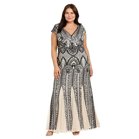 Женские платья R&M Plus Size R&M Richards Two-Tone Sequin V-Neck Godet Gown