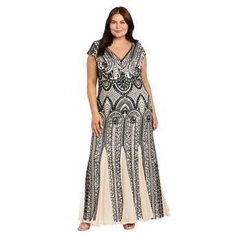 Plus Size R&M Richards Two-Tone Sequin V-Neck Godet Gown