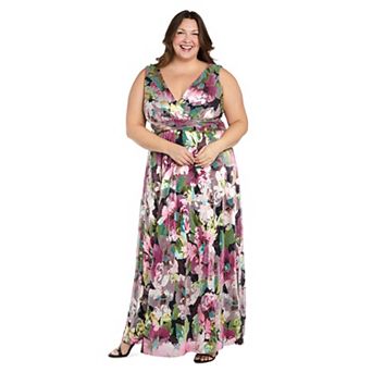 Plus Size R&M Richards Sculpted Waist Foil-Print Evening Dress
