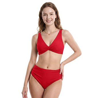 Charmo Women Knot Front V Neck Adjustable Strap High Waist Ruched Bikini Set