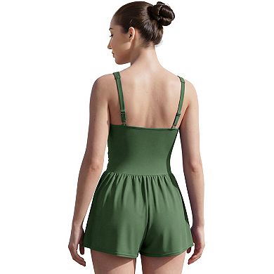 Charmo Women Knot Front V Neck Adjustable Strap Romper One Piece Swimsuit