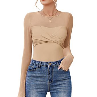 Avidlove Womens Bodysuit Sheer Long Sleeve Tops Crew Neck Ruched Shapewear Body Suits Slimming