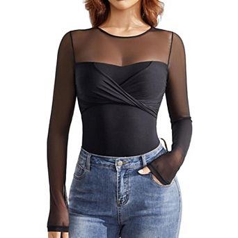Avidlove Womens Bodysuit Sheer Long Sleeve Tops Crew Neck Ruched Shapewear Body Suits Slimming