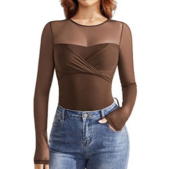 Avidlove Womens Bodysuit Sheer Long Sleeve Tops Crew Neck Ruched Shapewear Body Suits Slimming