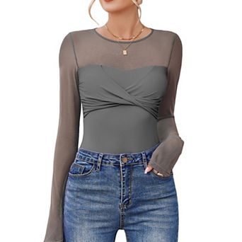 Avidlove Womens Bodysuit Sheer Long Sleeve Tops Crew Neck Ruched Shapewear Body Suits Slimming
