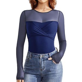 Avidlove Womens Bodysuit Sheer Long Sleeve Tops Crew Neck Ruched Shapewear Body Suits Slimming