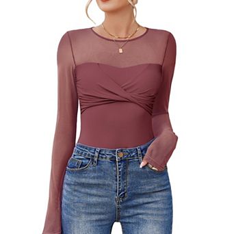 Avidlove Womens Bodysuit Sheer Long Sleeve Tops Crew Neck Ruched Shapewear Body Suits Slimming