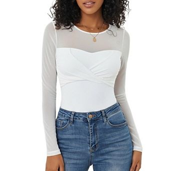 Avidlove Womens Bodysuit Sheer Long Sleeve Tops Crew Neck Ruched Shapewear Body Suits Slimming