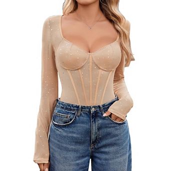 Avidlove Women Long Sleeve Bodysuit Sparkle Body Suits Top Mesh One Piece Leotard Shirt Going Out