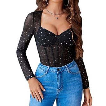 Avidlove Women Long Sleeve Bodysuit Sparkle Body Suits Top Mesh One Piece Leotard Shirt Going Out