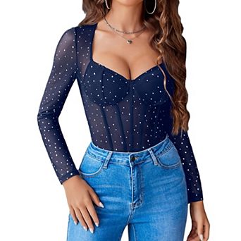 Avidlove Women Long Sleeve Bodysuit Sparkle Body Suits Top Mesh One Piece Leotard Shirt Going Out